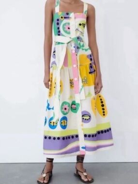 Zara Abstract Print Belted Midi Dress size Medium Resort Vacation Cotton